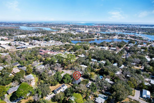 drone / aerial view featuring a water view