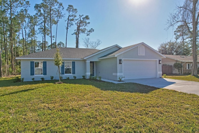 ranch-style house with a garage and a front yard