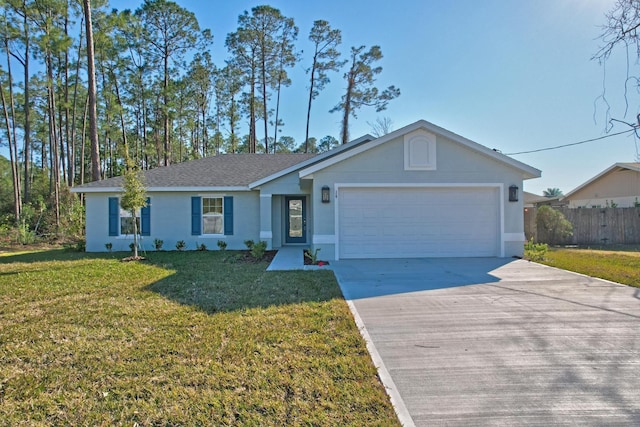 ranch-style house featuring a garage and a front yard