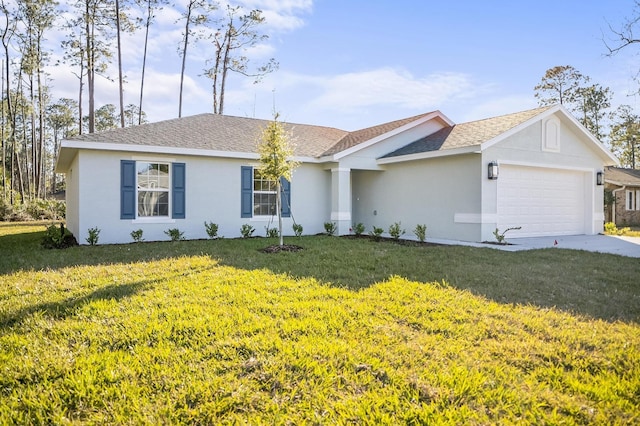 ranch-style house with a garage and a front lawn