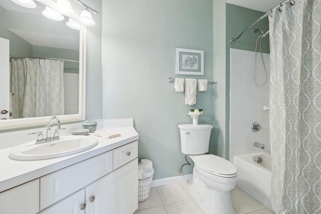 bathroom with baseboards, toilet, tile patterned floors, shower / bath combination with curtain, and vanity