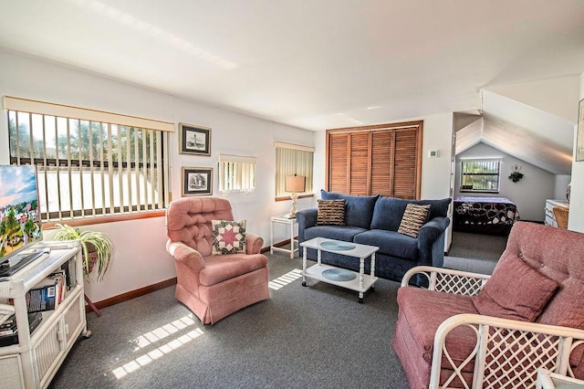 living room with carpet flooring and lofted ceiling