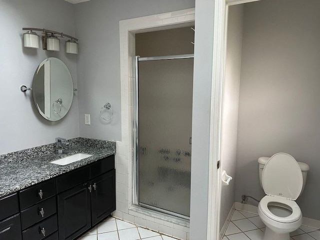 bathroom featuring tile patterned flooring, a shower with shower door, and toilet