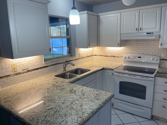 kitchen featuring sink, light tile patterned flooring, white range with electric cooktop, decorative backsplash, and white cabinets