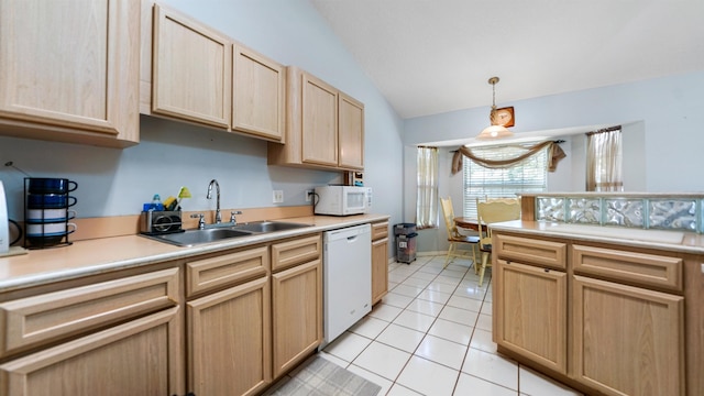 kitchen featuring light brown cabinetry, white appliances, vaulted ceiling, sink, and light tile patterned floors