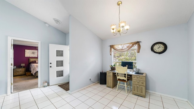 home office with light colored carpet, vaulted ceiling, and a notable chandelier