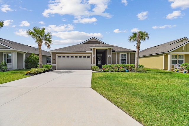 100 Dove Tree Ln, Saint Augustine, FL 32095 - ranch-style home with concrete driveway, an attached garage, a front yard, and a shingled roof