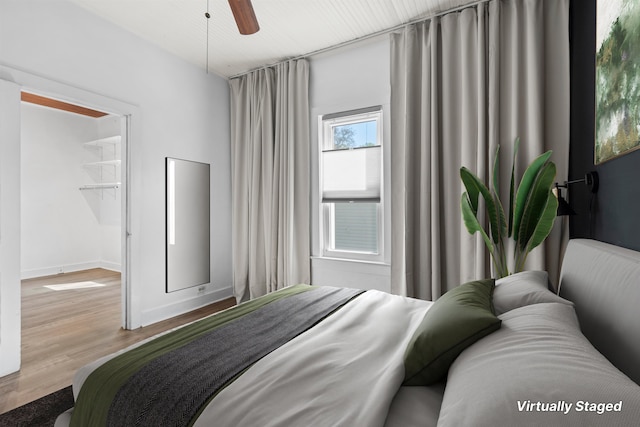 bedroom featuring a spacious closet, a ceiling fan, and wood finished floors