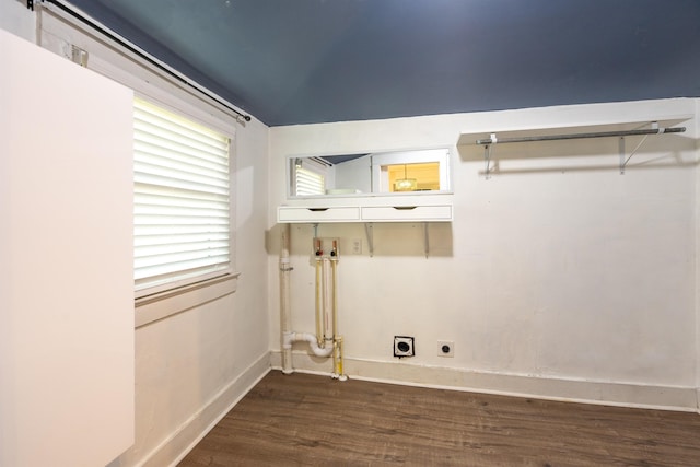 clothes washing area featuring hookup for a washing machine, hookup for an electric dryer, baseboards, dark wood-type flooring, and laundry area