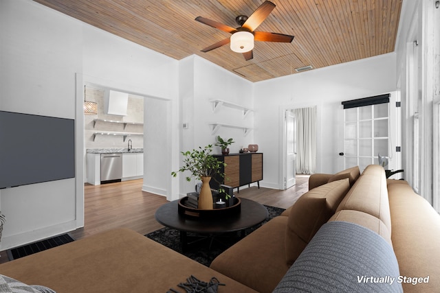 living room with wood ceiling, a ceiling fan, wood finished floors, and visible vents