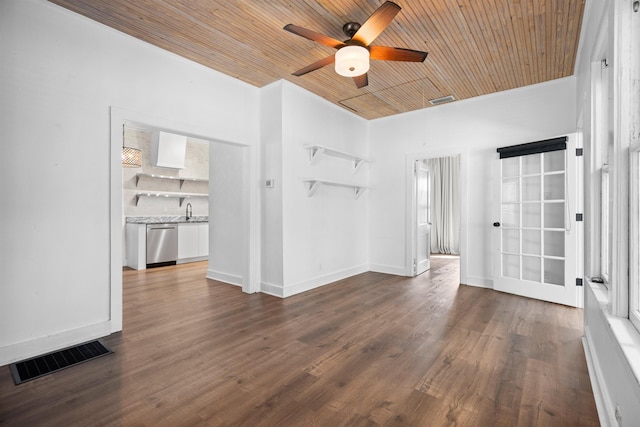 spare room featuring a sink, visible vents, a ceiling fan, wooden ceiling, and dark wood-type flooring