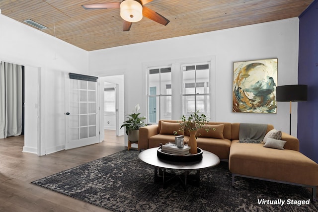 living area featuring wood finished floors, wooden ceiling, visible vents, and ceiling fan
