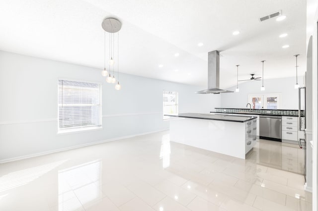 kitchen with dishwasher, hanging light fixtures, a wealth of natural light, white cabinetry, and island exhaust hood