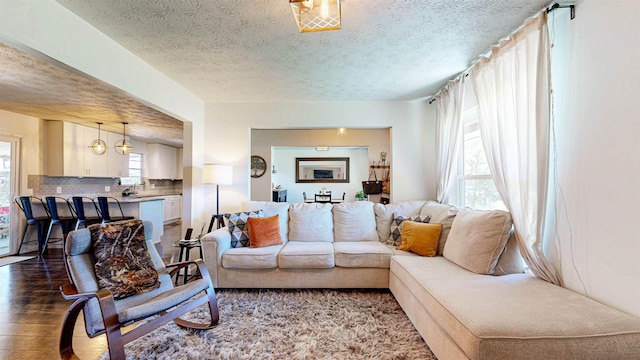 living room with a textured ceiling and wood finished floors