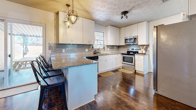 kitchen with a peninsula, dark wood-style flooring, a sink, appliances with stainless steel finishes, and tasteful backsplash