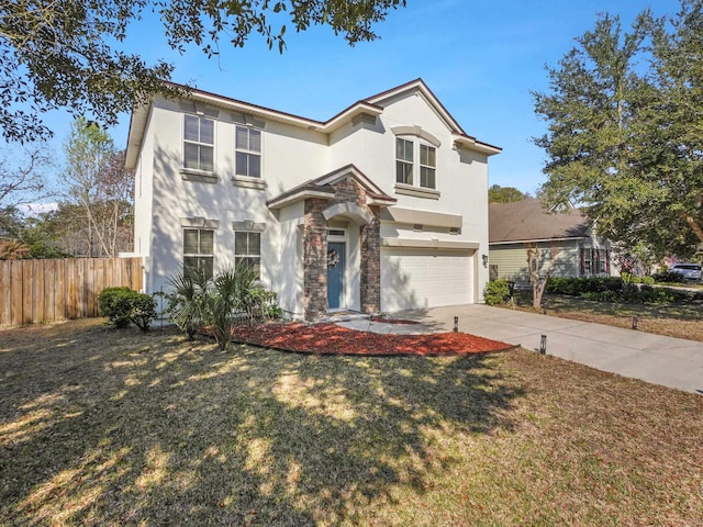 view of front of property featuring a garage, fence, driveway, and stucco siding