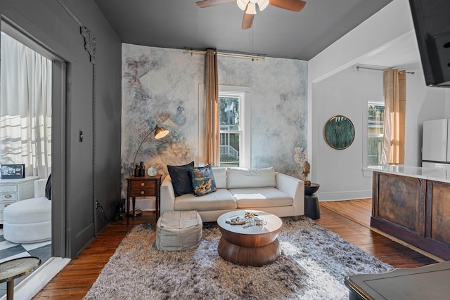 living room with ceiling fan and dark hardwood / wood-style flooring