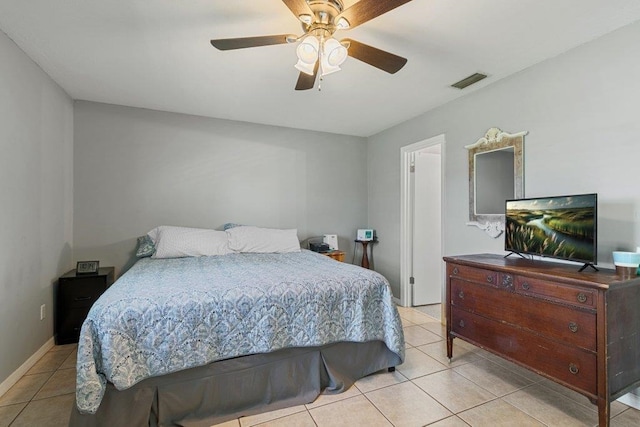 bedroom featuring tile patterned floors and a ceiling fan
