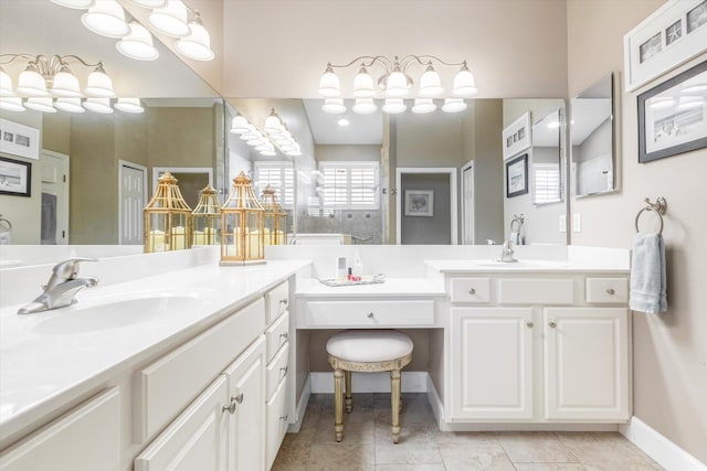 501 Olympic Cir, Saint Augustine, FL 32092 - bathroom featuring vanity, a chandelier, a shower, and tile patterned floors