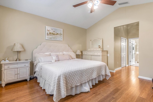 501 Olympic Cir, Saint Augustine, FL 32092 - bedroom featuring light wood-style floors, vaulted ceiling, and a ceiling fan