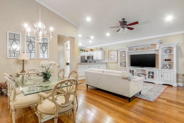 501 Olympic Cir, Saint Augustine, FL 32092 - living area featuring light wood finished floors, ceiling fan, ornamental molding, a chandelier, and recessed lighting