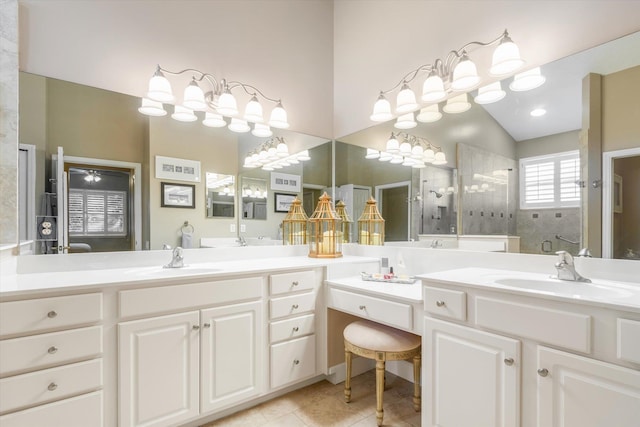 501 Olympic Cir, Saint Augustine, FL 32092 - full bathroom with walk in shower, double vanity, tile patterned flooring, and vaulted ceiling