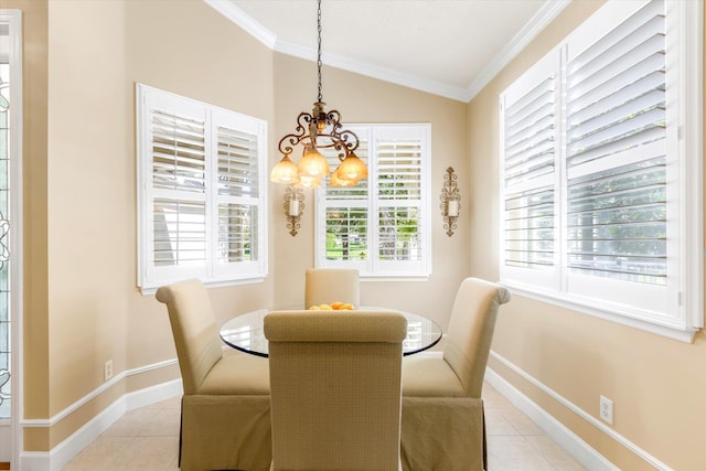501 Olympic Cir, Saint Augustine, FL 32092 - dining space with a chandelier, light tile patterned floors, vaulted ceiling, and crown molding