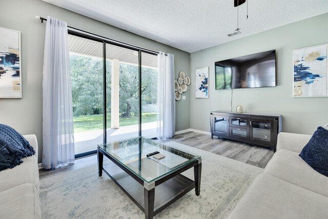 living room featuring light hardwood / wood-style flooring and a textured ceiling