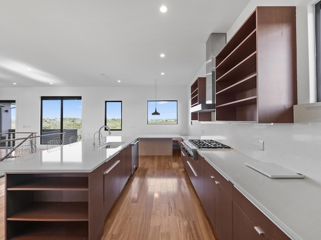 kitchen with sink, light wood-type flooring, appliances with stainless steel finishes, a large island, and dark brown cabinetry