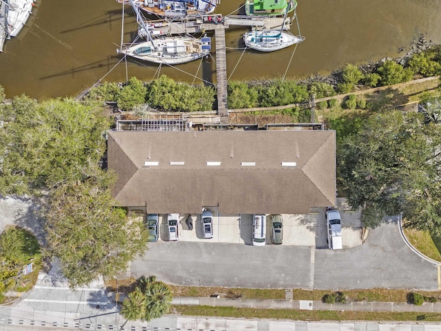 bird's eye view with a water view