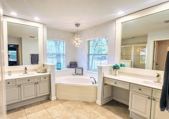 bathroom with healthy amount of natural light, a shower stall, tile patterned floors, and recessed lighting