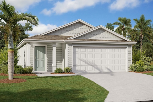 view of front of home with a front yard and a garage