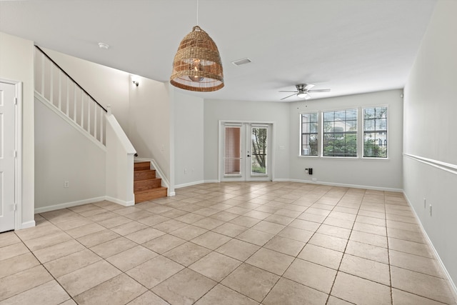 4515 Serena Cir, Saint Augustine, FL 32084 - unfurnished living room with stairway, a ceiling fan, light tile patterned floors, baseboards, and visible vents