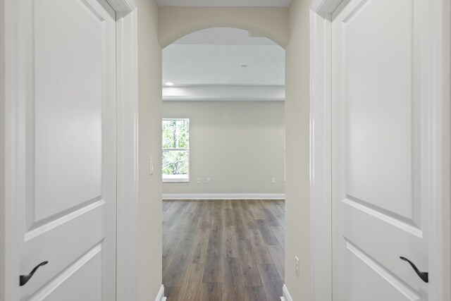45 Laguna Forest Trl, Palm Coast, FL 32164 - hall with arched walkways, dark wood finished floors, and baseboards