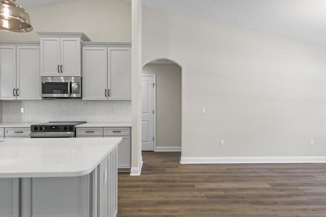 45 Laguna Forest Trl, Palm Coast, FL 32164 - kitchen with appliances with stainless steel finishes, arched walkways, vaulted ceiling, backsplash, and light countertops