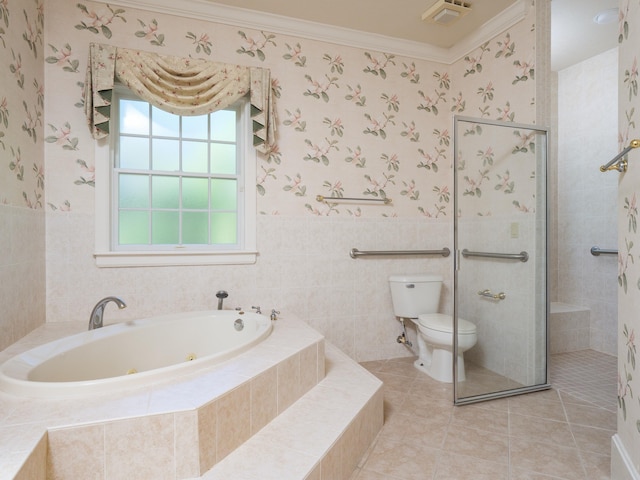 bathroom with tile patterned floors, toilet, ornamental molding, and independent shower and bath