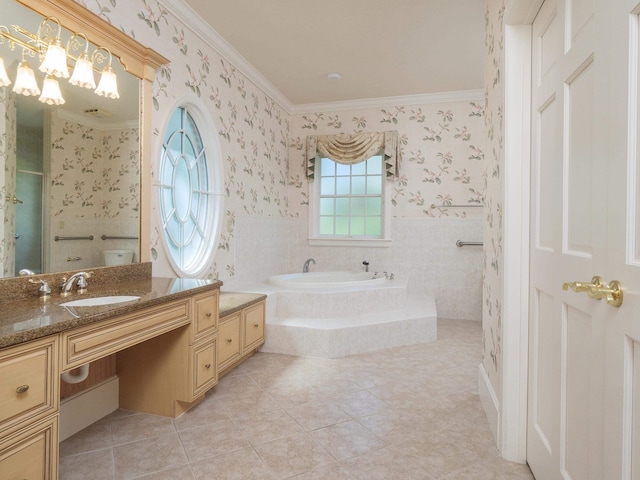 bathroom featuring tile patterned floors, vanity, ornamental molding, and tiled bath