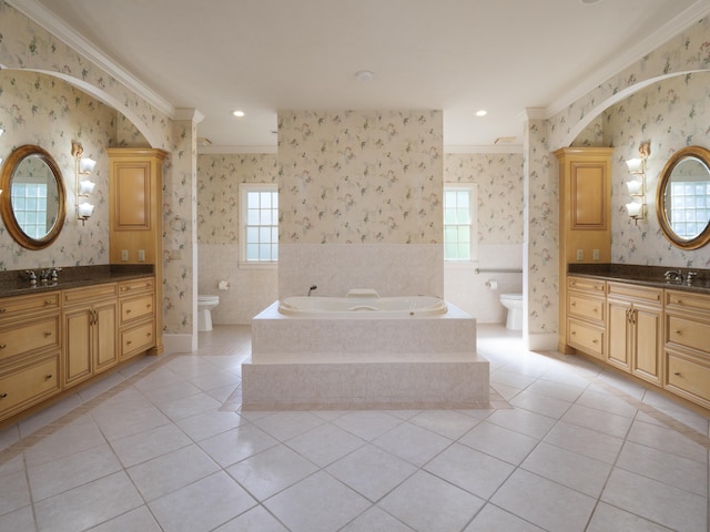 bathroom featuring tile patterned flooring, toilet, and ornamental molding