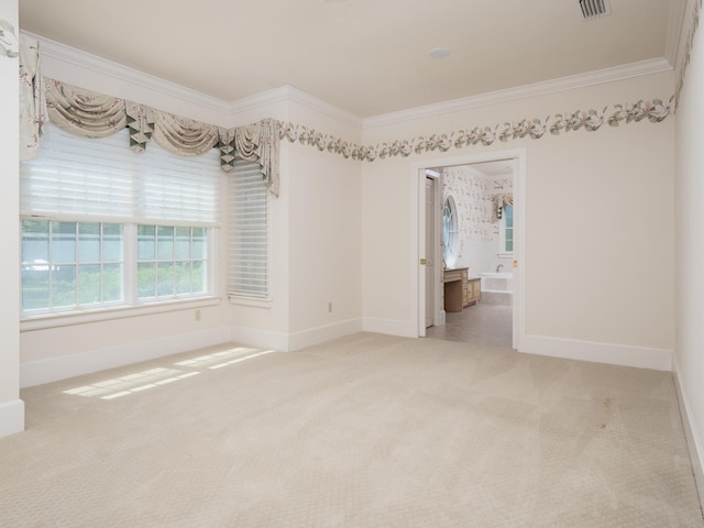 carpeted spare room featuring crown molding