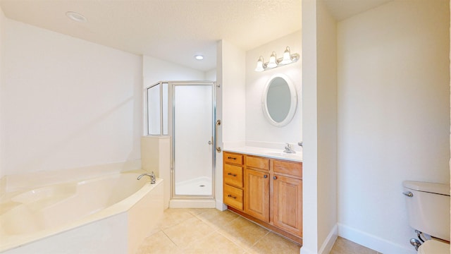 full bathroom with vanity, toilet, independent shower and bath, and tile patterned flooring