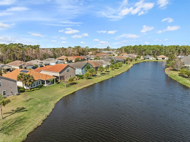 drone / aerial view featuring a water view and a residential view