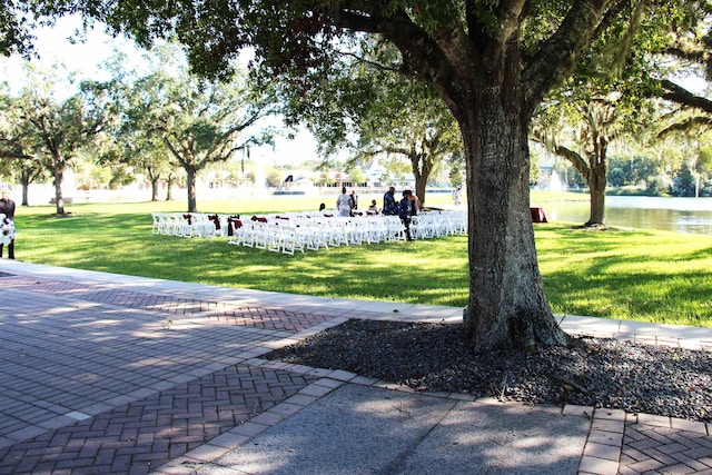 view of community with a water view and a yard