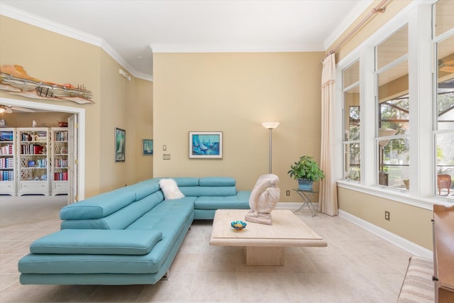 living room featuring light tile patterned floors and ornamental molding