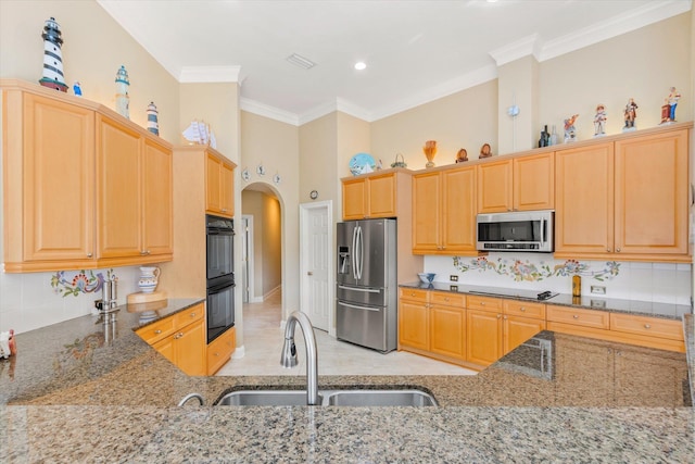 kitchen featuring light stone countertops, backsplash, stainless steel appliances, crown molding, and sink