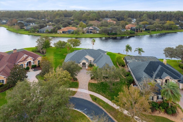 bird's eye view with a water view