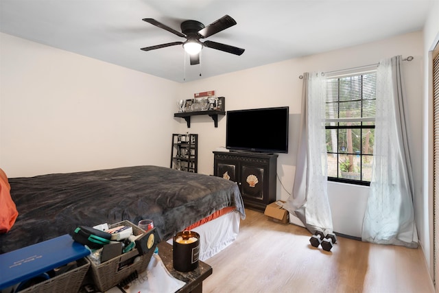 bedroom featuring ceiling fan, light hardwood / wood-style flooring, and multiple windows