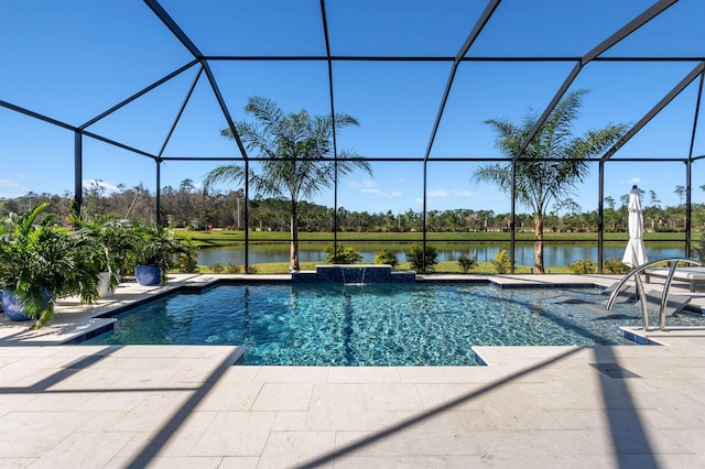 view of swimming pool with pool water feature, a water view, a lanai, and a patio