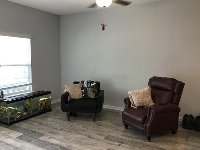 living area with ceiling fan and light wood-type flooring