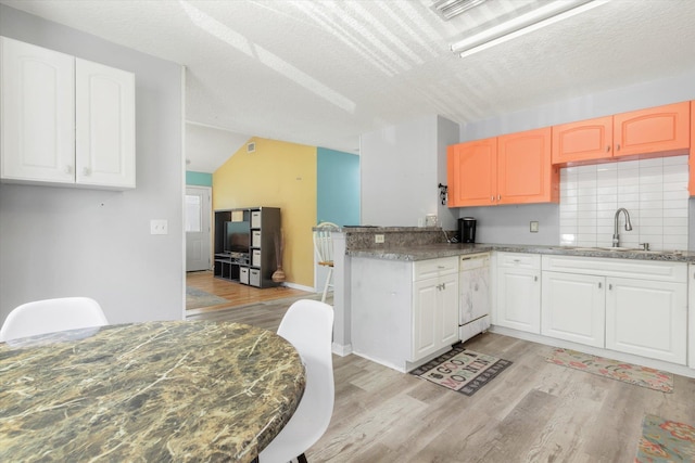 3372 9th St, Elkton, FL 32033 - kitchen featuring white dishwasher, decorative backsplash, a sink, and light wood-type flooring