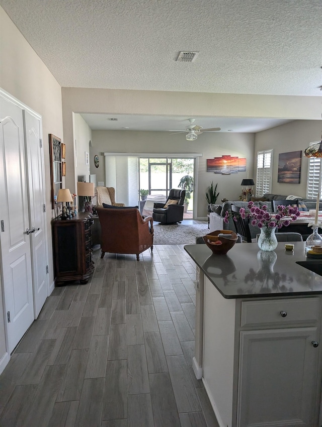 kitchen with white cabinets, a textured ceiling, dark hardwood / wood-style floors, and ceiling fan